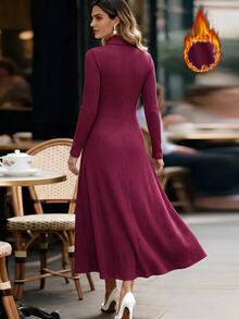 Editum Gaun Wanita Polos Bergaris Halus, Kerah Tinggi, Pinggang Ramping, Model A-Line, Lengan Panjang, Elegan untuk Musim Gugur/Musim Dingin 2026 - Red Violet - View 2