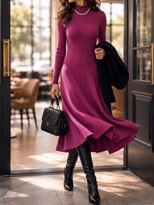 Editum Gaun Wanita Polos Bergaris Halus, Kerah Tinggi, Pinggang Ramping, Model A-Line, Lengan Panjang, Elegan untuk Musim Gugur/Musim Dingin 2026 - Red Violet - View 3
