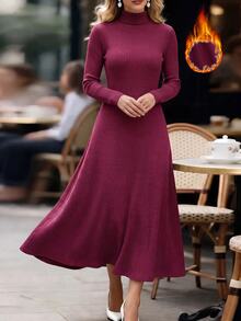 Editum Gaun Wanita Polos Bergaris Halus, Kerah Tinggi, Pinggang Ramping, Model A-Line, Lengan Panjang, Elegan untuk Musim Gugur/Musim Dingin 2026 - Red Violet - View 4