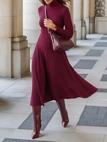 Editum Gaun Wanita Polos Bergaris Halus, Kerah Tinggi, Pinggang Ramping, Model A-Line, Lengan Panjang, Elegan untuk Musim Gugur/Musim Dingin 2026 - Red Violet - View 6