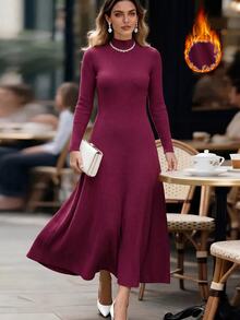 Editum Gaun Wanita Polos Bergaris Halus, Kerah Tinggi, Pinggang Ramping, Model A-Line, Lengan Panjang, Elegan untuk Musim Gugur/Musim Dingin 2026 - Red Violet - View 1