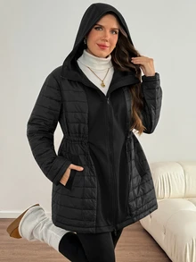 Easowa Curve Jaket Berkerudung Musim Dingin Ukuran Besar dengan Tali Serut di Pinggang - Hitam - View 6