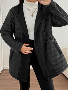 Easowa Curve Jaket Berkerudung Musim Dingin Ukuran Besar dengan Tali Serut di Pinggang - Hitam - View 4