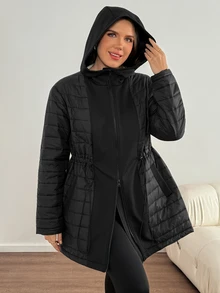 Easowa Curve Jaket Berkerudung Musim Dingin Ukuran Besar dengan Tali Serut di Pinggang - Hitam - View 7