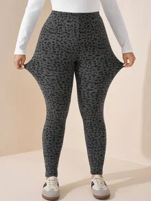 Comfylo Plus Size Fashion Leopard Print Fitted Leggings Formal Homewear Black Summer Casual Sexy - Multicolor - View 8