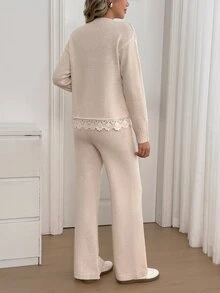 Omancia Setelan 2 Potong Sweater Wanita Lengan Panjang dengan Desain Leher Bulat dan Hiasan Renda yang Elegan - Aprikot - View 2