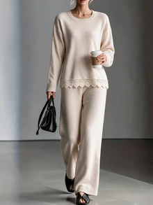 Omancia Setelan 2 Potong Sweater Wanita Lengan Panjang dengan Desain Leher Bulat dan Hiasan Renda yang Elegan - Aprikot - View 4
