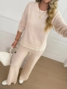 Omancia Setelan 2 Potong Sweater Wanita Lengan Panjang dengan Desain Leher Bulat dan Hiasan Renda yang Elegan - Aprikot - View 7