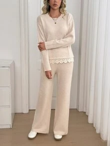 Omancia Setelan 2 Potong Sweater Wanita Lengan Panjang dengan Desain Leher Bulat dan Hiasan Renda yang Elegan - Aprikot - View 3