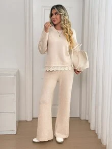 Omancia Setelan 2 Potong Sweater Wanita Lengan Panjang dengan Desain Leher Bulat dan Hiasan Renda yang Elegan - Aprikot - View 6