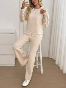 Omancia Setelan 2 Potong Sweater Wanita Lengan Panjang dengan Desain Leher Bulat dan Hiasan Renda yang Elegan - Aprikot - View 8