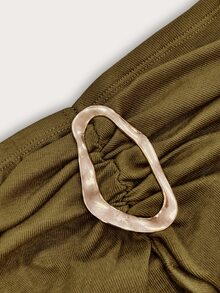 Allurite Setelan Atasan Tanpa Lengan Berlipit Lengan Panjang dan Rok Midi Belahan Depan, Warna Hijau Zaitun, Cocok untuk Pesta Makan Malam di Semua Musim - Olive Green - View 3