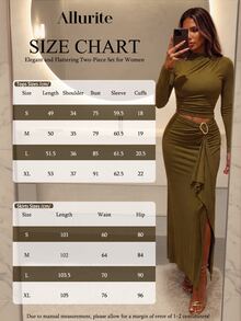 Allurite Setelan Atasan Tanpa Lengan Berlipit Lengan Panjang dan Rok Midi Belahan Depan, Warna Hijau Zaitun, Cocok untuk Pesta Makan Malam di Semua Musim - Olive Green - View 6