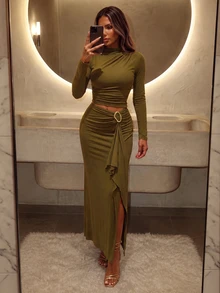 Allurite Setelan Atasan Tanpa Lengan Berlipit Lengan Panjang dan Rok Midi Belahan Depan, Warna Hijau Zaitun, Cocok untuk Pesta Makan Malam di Semua Musim - Olive Green - View 7