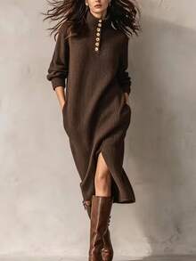 LUMIGAL Women's Solid Color Split Design Casual Party Knit Dress - Coffee Brown - View 3