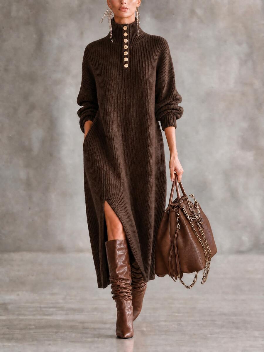 LUMIGAL Women's Solid Color Split Design Casual Party Knit Dress - Coffee Brown - View 1