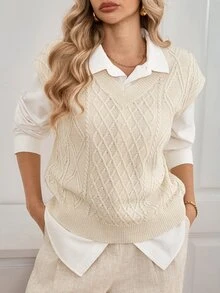 Sprig & Strand Spring/Summer American Vintage Cable Knit V-Neck Ribbed Sweater Vest, Autumn/Winter Layering Loose Sleeveless Knitted Sweater Vest Top - Apricot - View 3