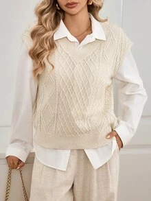 Sprig & Strand Spring/Summer American Vintage Cable Knit V-Neck Ribbed Sweater Vest, Autumn/Winter Layering Loose Sleeveless Knitted Sweater Vest Top - Apricot - View 5