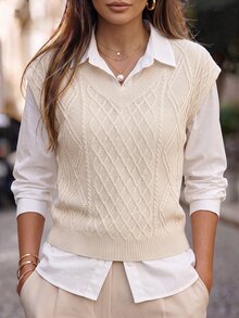 Sprig & Strand Spring/Summer American Vintage Cable Knit V-Neck Ribbed Sweater Vest, Autumn/Winter Layering Loose Sleeveless Knitted Sweater Vest Top - Apricot - View 1