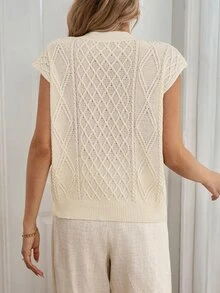 Sprig & Strand Spring/Summer American Vintage Cable Knit V-Neck Ribbed Sweater Vest, Autumn/Winter Layering Loose Sleeveless Knitted Sweater Vest Top - Apricot - View 2