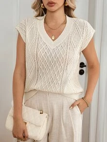 Sprig & Strand Spring/Summer American Vintage Cable Knit V-Neck Ribbed Sweater Vest, Autumn/Winter Layering Loose Sleeveless Knitted Sweater Vest Top - Apricot - View 4