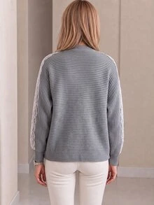 Omancia V-Neck Lace Patchwork Sleeve Knit Sweater - Grey - View 2