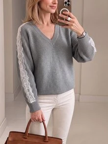 Omancia V-Neck Lace Patchwork Sleeve Knit Sweater - Grey - View 3