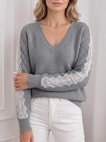 Omancia V-Neck Lace Patchwork Sleeve Knit Sweater - Grey - View 4