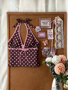Elavelle Multicolor Polka Dot Halter Tankini Set With Tie Detail And Short Shorts - Multicolor - View 3