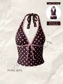 Elavelle Multicolor Polka Dot Halter Tankini Set With Tie Detail And Short Shorts - Multicolor - View 1