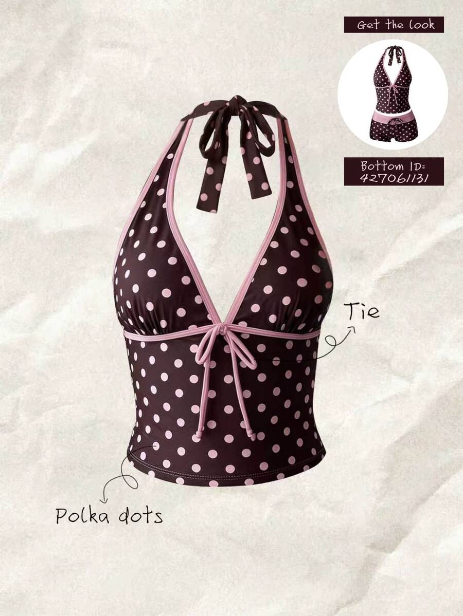 Elavelle Multicolor Polka Dot Halter Tankini Set With Tie Detail And Short Shorts - Multicolor - View 1