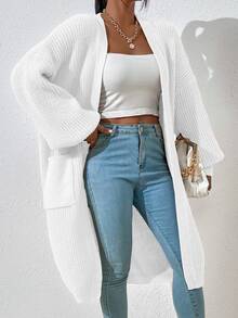 SHEIN Dual Pocket Drop Shoulder Duster Cardigan,Long Sleeve Tops Fall Winter Cloth For Women - White - View 1