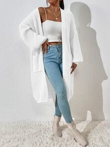 SHEIN Dual Pocket Drop Shoulder Duster Cardigan,Long Sleeve Tops Fall Winter Cloth For Women - White - View 6
