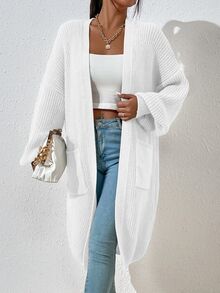 SHEIN Dual Pocket Drop Shoulder Duster Cardigan,Long Sleeve Tops Fall Winter Cloth For Women - White - View 7