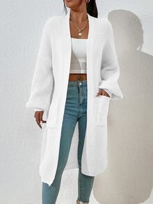 SHEIN Dual Pocket Drop Shoulder Duster Cardigan,Long Sleeve Tops Fall Winter Cloth For Women - White - View 3