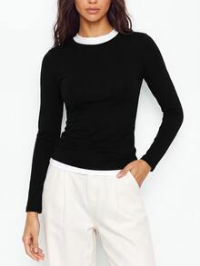 YARNWELL Women's Summer Casual Coffee Color Versatile Long Sleeve Top, Elegant Elegant Top, Soft Atmosphere Daily All-Match, Commute Casual Slim Fit Women's Top, - Black - View 4