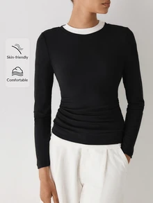 YARNWELL Women's Summer Casual Coffee Color Versatile Long Sleeve Top, Elegant Elegant Top, Soft Atmosphere Daily All-Match, Commute Casual Slim Fit Women's Top, - Black - View 5