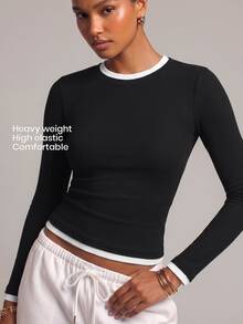 YARNWELL Women's Summer Casual Coffee Color Versatile Long Sleeve Top, Elegant Elegant Top, Soft Atmosphere Daily All-Match, Commute Casual Slim Fit Women's Top, - Black - View 2