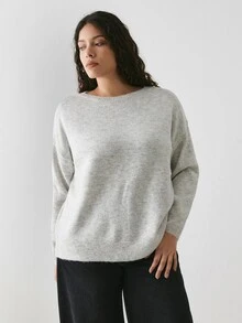 YARNWELL 大尺碼女款純色圓領休閒日常長袖針織衫 冬季 - 淺灰色 - 查看 5