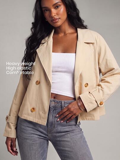 YARNWELL Autumn New Women's Lapel Collar Trench Style Long Sleeve Double Breasted Elegant Jacket Short Coat