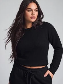 YARNWELL Plus Size Women Solid Color Crew Neck Casual Daily Long Sleeve Sweater Winter - Black - View 6