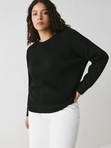 YARNWELL Plus Size Women Solid Color Crew Neck Casual Daily Long Sleeve Sweater Winter - Black - View 4