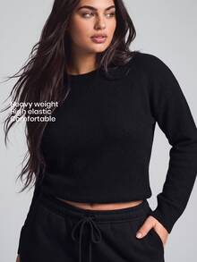 YARNWELL Plus Size Women Solid Color Crew Neck Casual Daily Long Sleeve Sweater Winter - Black - View 1