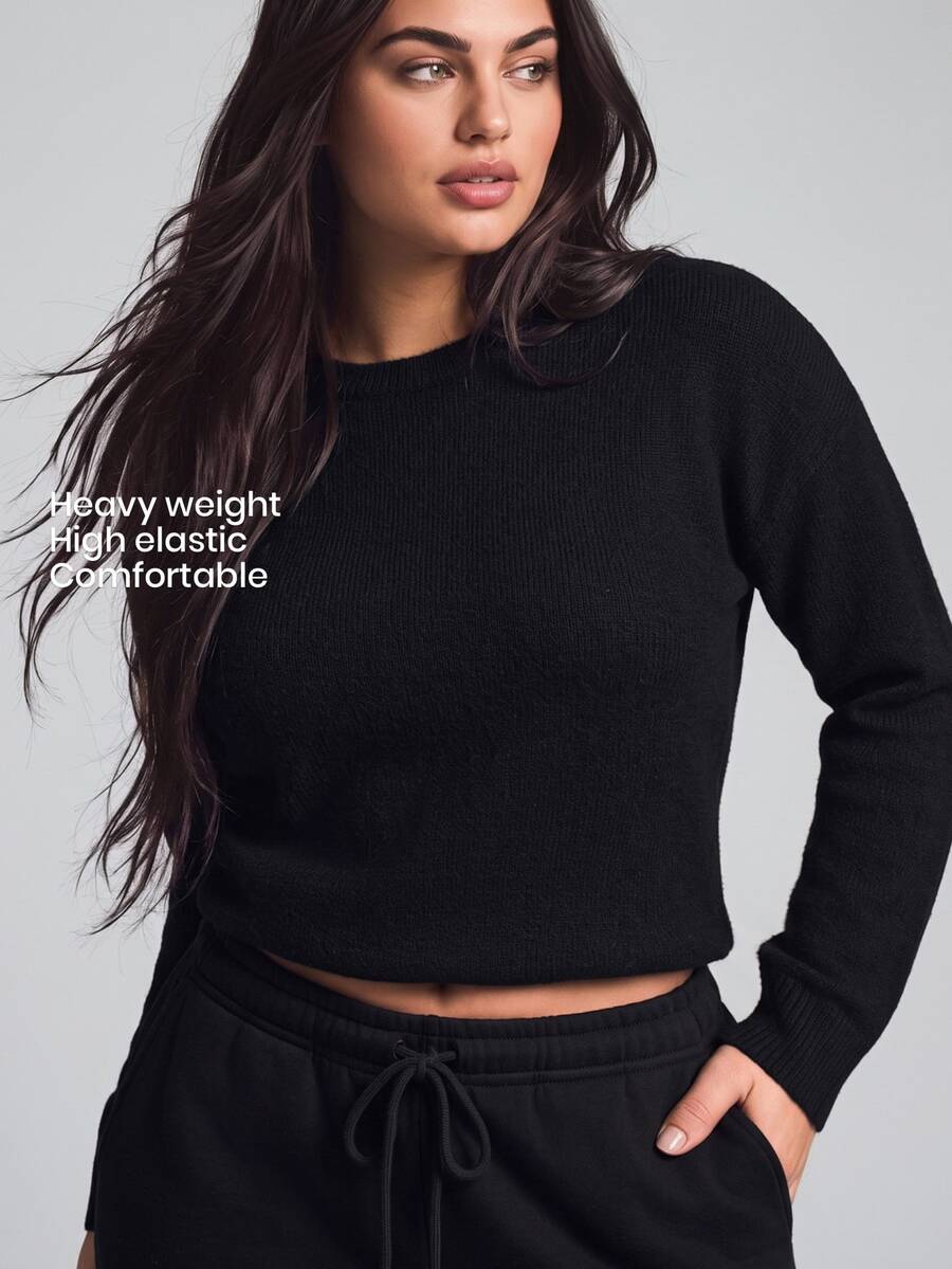 YARNWELL Plus Size Women Solid Color Crew Neck Casual Daily Long Sleeve Sweater Winter - Black - View 1