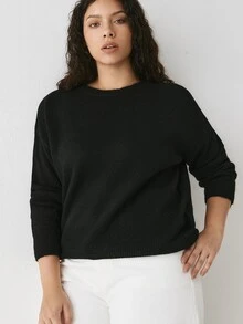 YARNWELL Plus Size Women Solid Color Crew Neck Casual Daily Long Sleeve Sweater Winter - Black - View 5