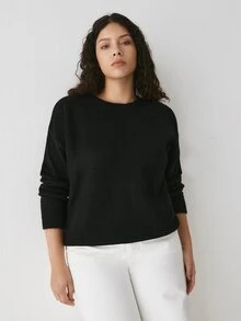 YARNWELL Plus Size Women Solid Color Crew Neck Casual Daily Long Sleeve Sweater Winter - Black - View 3