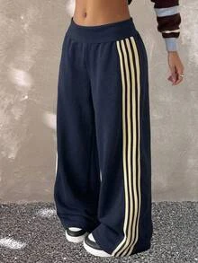 SHEIN 青少年女孩海軍藍針織寬鬆版型運動衫與織帶長褲 - 藏蓝色 - 查看 7