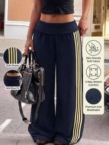 SHEIN 青少年女孩海軍藍針織寬鬆版型運動衫與織帶長褲 - 藏蓝色 - 查看 3
