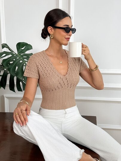 Serisse Women's Solid Color V-Neck Casual Versatile Daily Knit Top