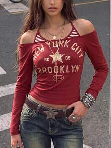 SuriyaCove 女款 Y2K 2000年代酒紅與白色條紋拼色 2合1 收腰長袖 T-shirt 校園秋季款 - 彩色 - 查看 2